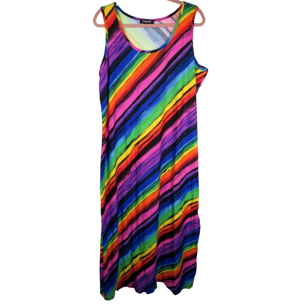 Rouge Coll Multi Tie Dye Striped Side Slit Sleeveless Maxi Sun Dress Plus 3X